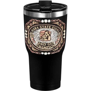 A custom tumbler made of stainless steel with a personalized engraved UHSRA logo, featuring a barrel racer figure, 30 oz, ideal for coffee or cool drinks